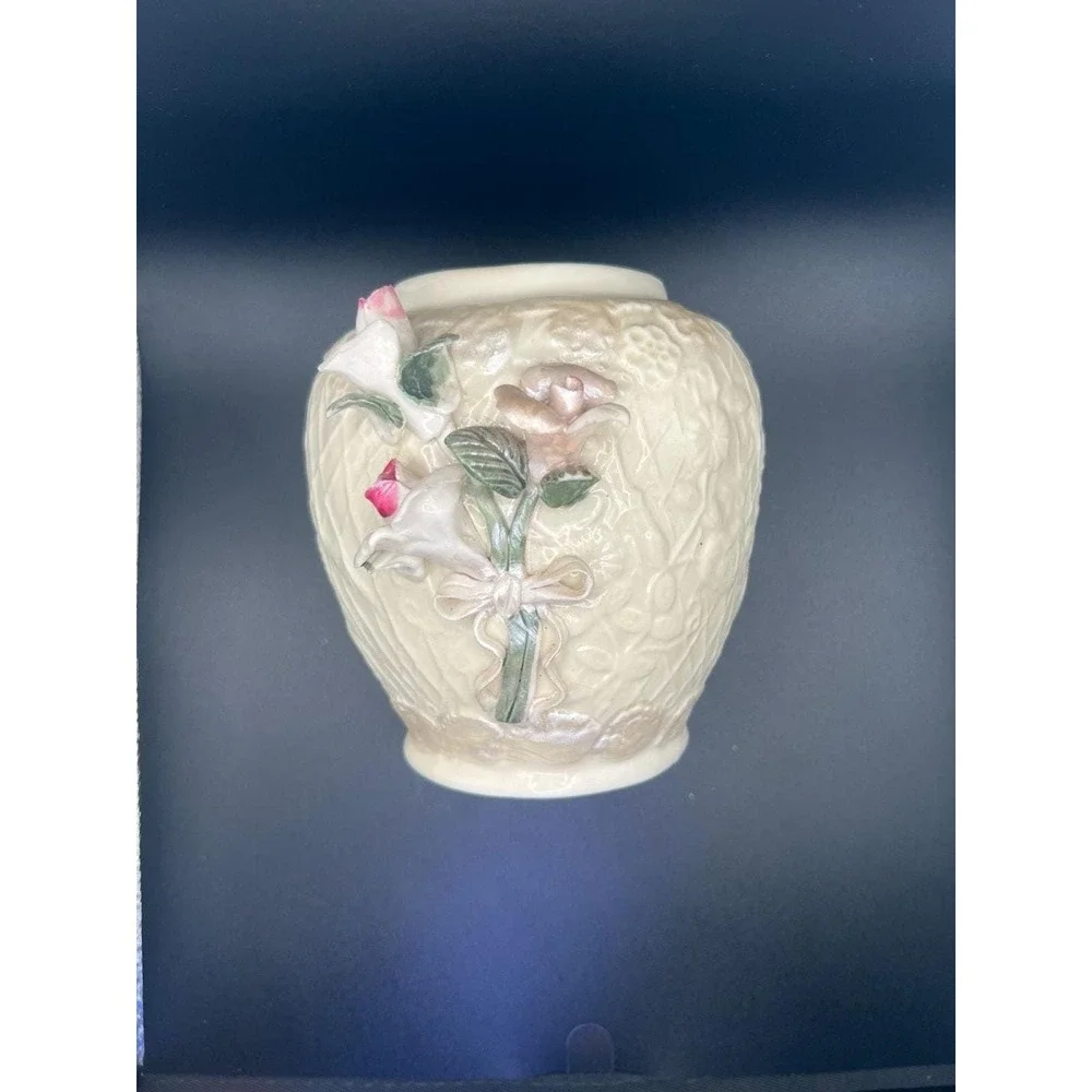 Vintage Porcelain Vase with  3D Roses, Ribbons, and Diamond Embossed Pattern,